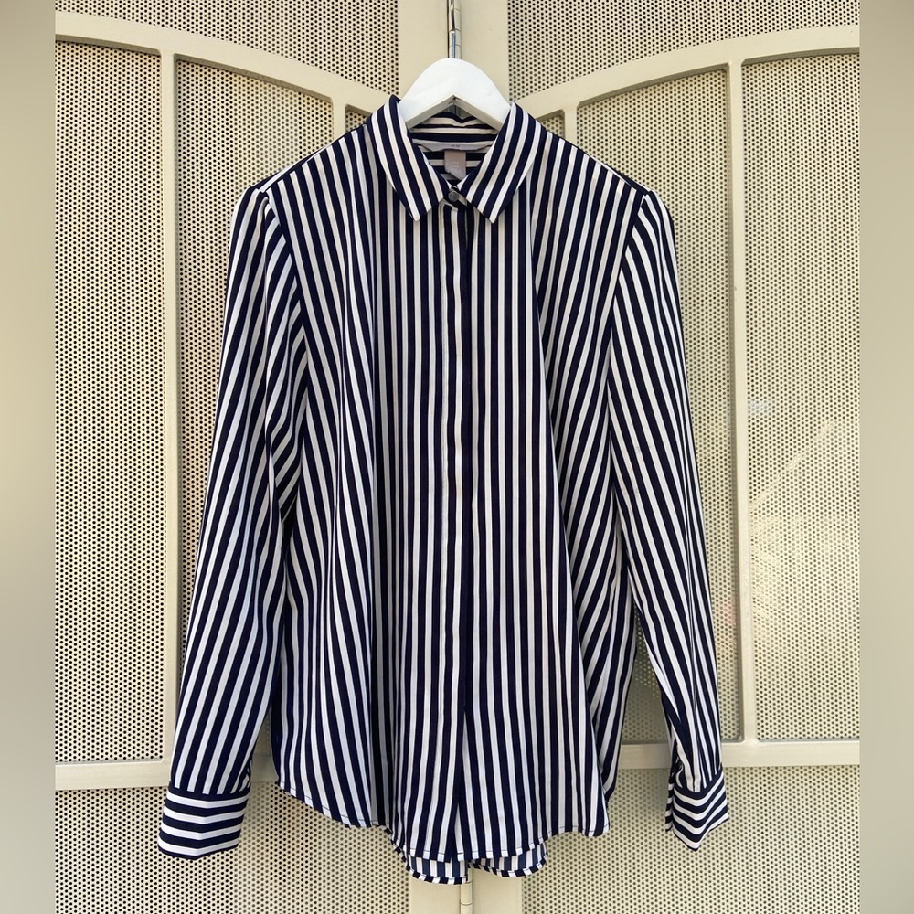 Navy Blue/Black and White Striped Button Down Shirt